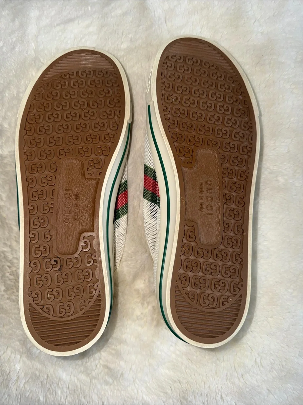 Gucci White Slip-On Canvas Loafers with Green & Red Web Stripe